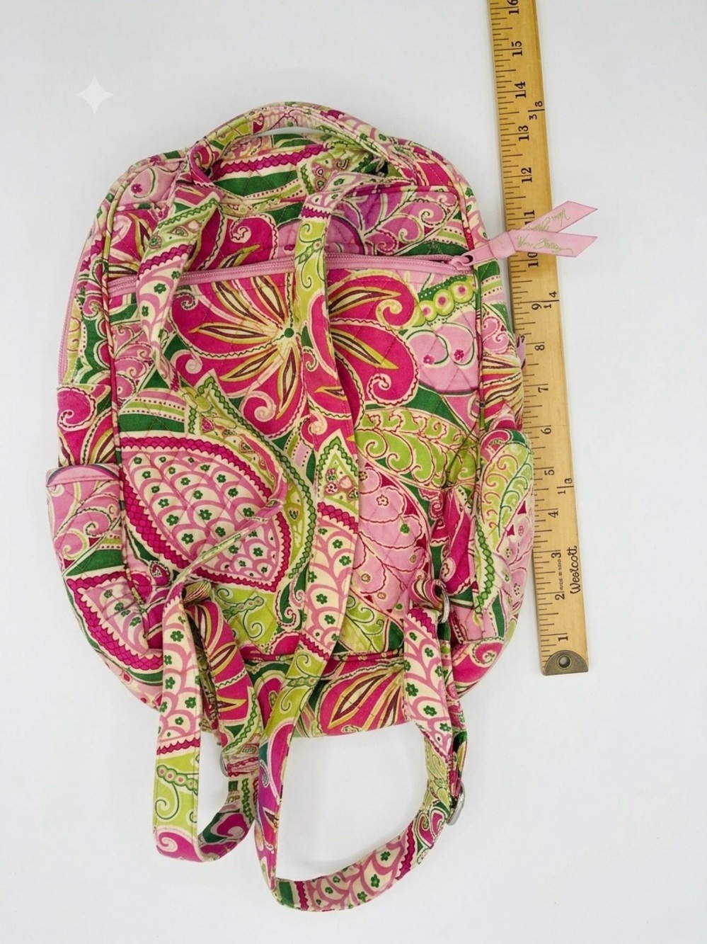 Vera Bradley Quilted Pink and Green Paisley Backpack - Picture 2 of 3